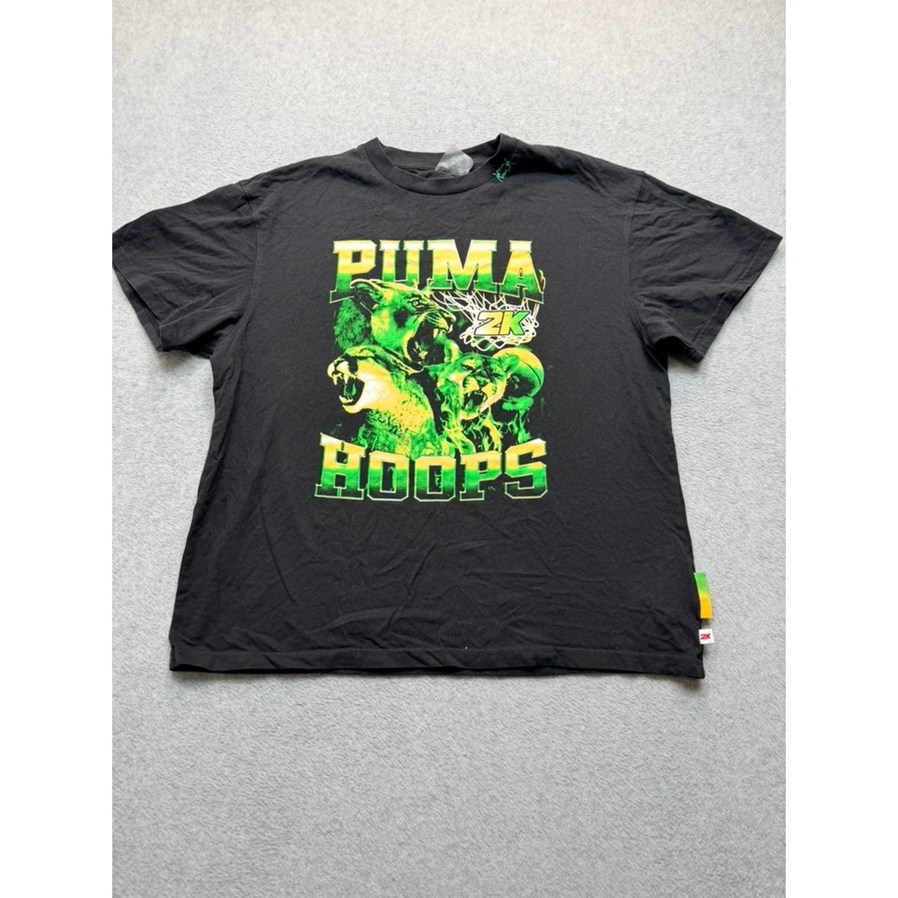 Puma Hoops x 2K Sports Lion Graphic T-Shirt Mens XL Black Green Basketball Tee